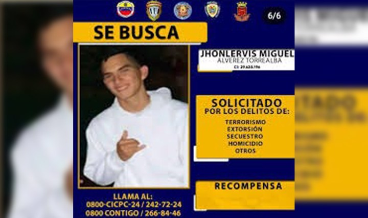 Jhonlervis Miguel Álvarez Torrealba (23) es buscado por la Interpol (Foto cortesía)