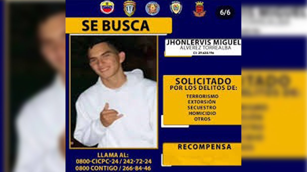 Jhonlervis Miguel Álvarez Torrealba (23) es buscado por la Interpol (Foto cortesía)