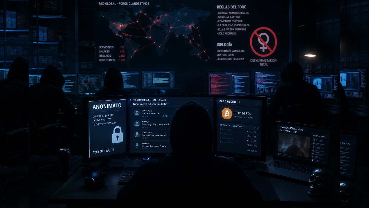 Los foros de la denominada "machósfera" utilizan criptomonedas para cobrar entradas y vender transmisiones en vivo, operando como un mercado estructurado de violencia sexual. CORTESÍA