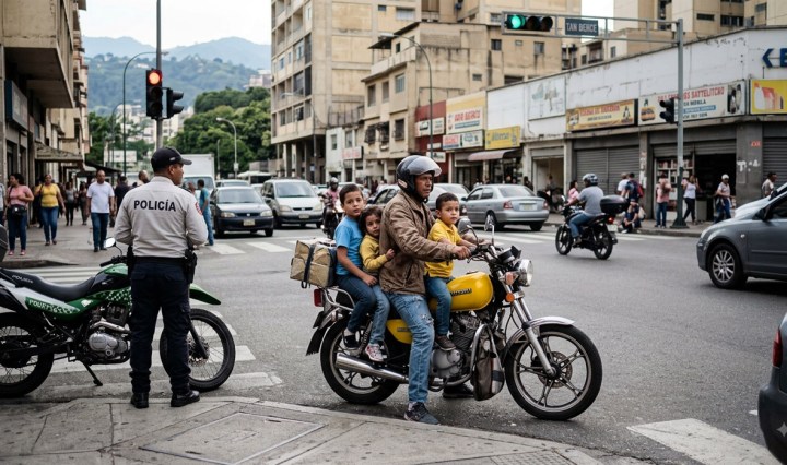 Niños trasladados como pasajeros en vehículos de dos ruedas reflejan la falta de sistemas de retención infantil en las principales vías urbanas (Imagen generada por IA)