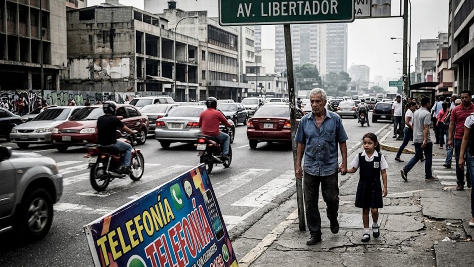 Un adulto mayor y un niño intentan cruzar una vía rápida sin semáforo; ambos figuran entre los sectores más golpeados por la violencia vial (Imagen generada por IA)