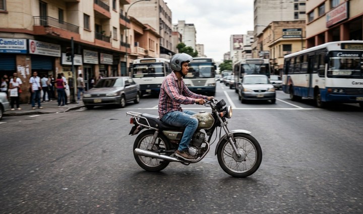 Una motocicleta circula a alta velocidad por una avenida céntrica. Las motos están involucradas en más de la mitad de los accidentes mensuales en Venezuela (Imagen generada por IA)