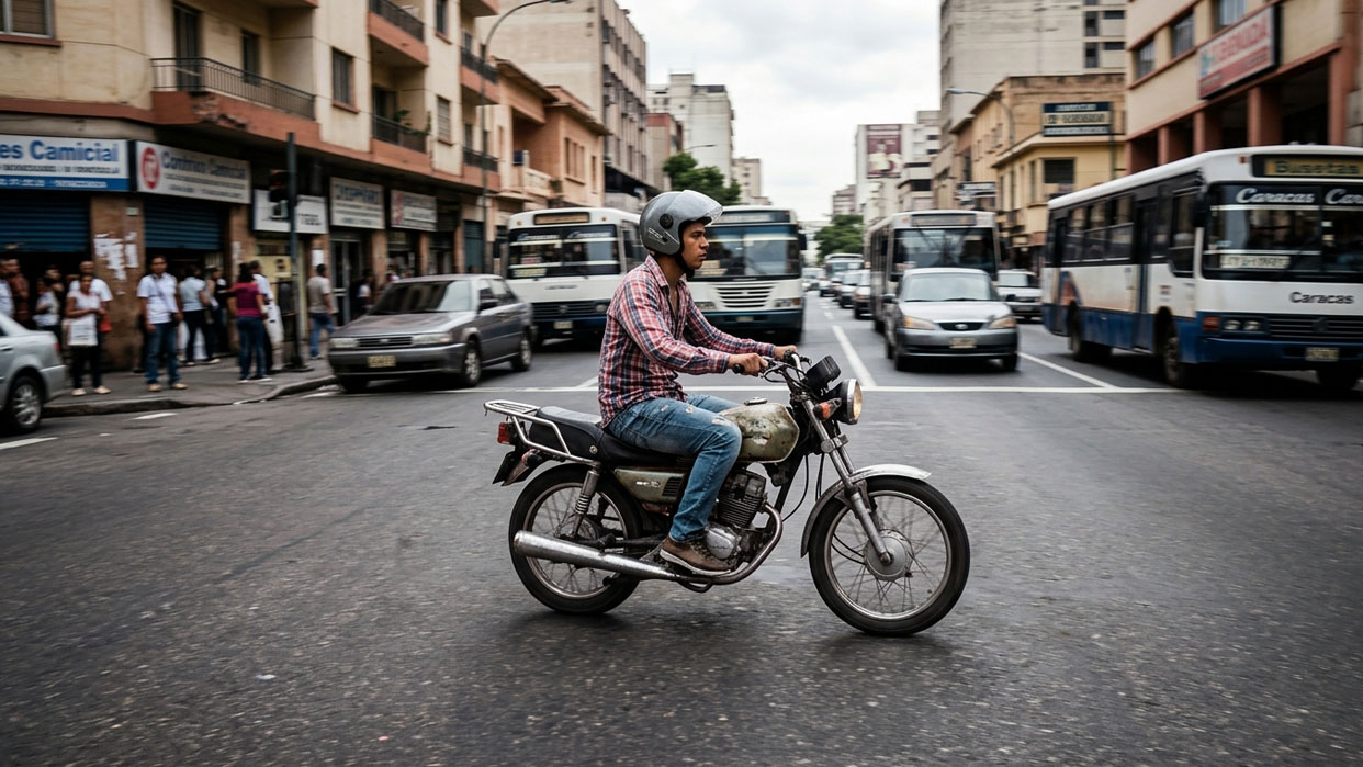 Una motocicleta circula a alta velocidad por una avenida céntrica. Las motos están involucradas en más de la mitad de los accidentes mensuales en Venezuela (Imagen generada por IA)