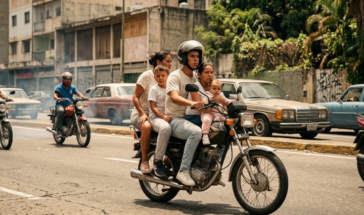 Una familia llevando a un niño como pasajero en motocicleta sin el equipamiento de protección adecuado (Imagen creada con inteligencia artificial)