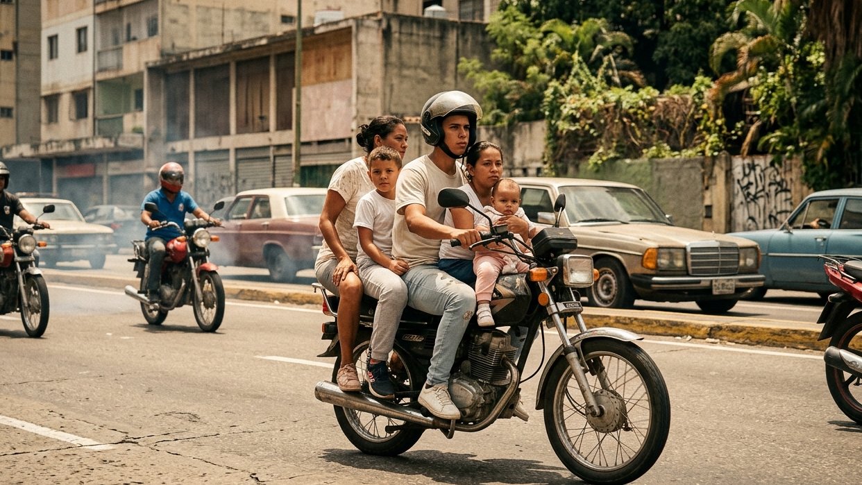 Una familia llevando a un niño como pasajero en motocicleta sin el equipamiento de protección adecuado (Imagen creada con inteligencia artificial)